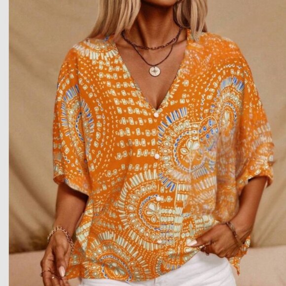 Boho floral print V neck blouse - Picture 1 of 11